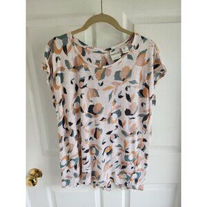 Ladies Rachel Zoe Gold  Green Floral Leaves 100% Linen T-Shirt  L Button Back